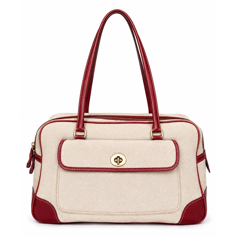 Vintage Canvas and Red Leather Trim Satchel Shoulder Bag with Turn-Lock Pocket